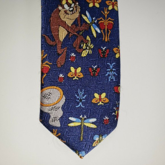 Looney Tunes Taz Tazmanian Devil Butterflies Dragonflies Necktie Tie Navy EUC - Picture 4 of 10